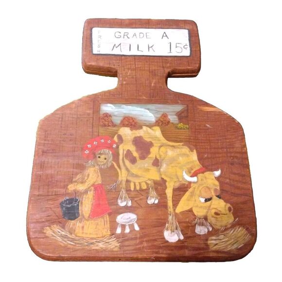 Vintage MCM Hand Painted Wood Wall Hanging, Farmhouse Country, Cow, Milk 1970's - Picture 1 of 9